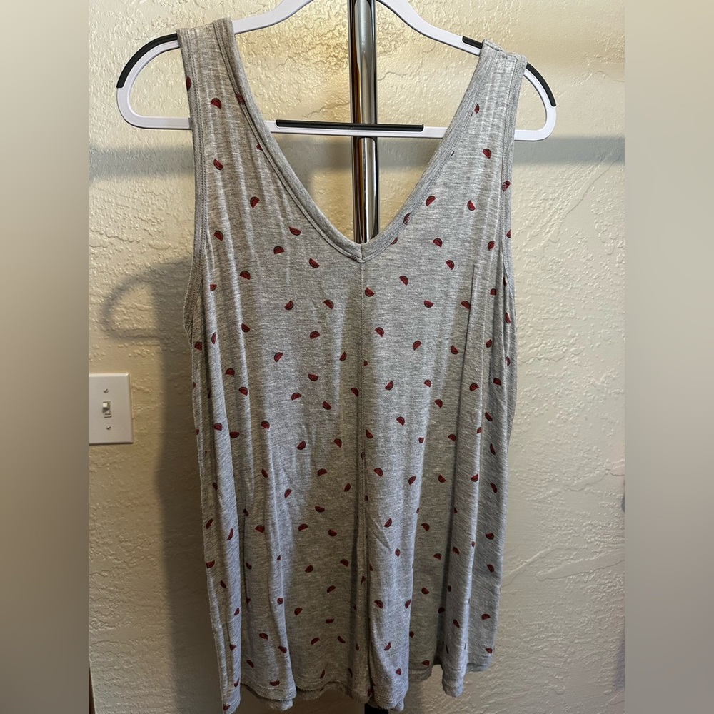 Gray V-Neck Tank Top with Watermelon Print - Women's